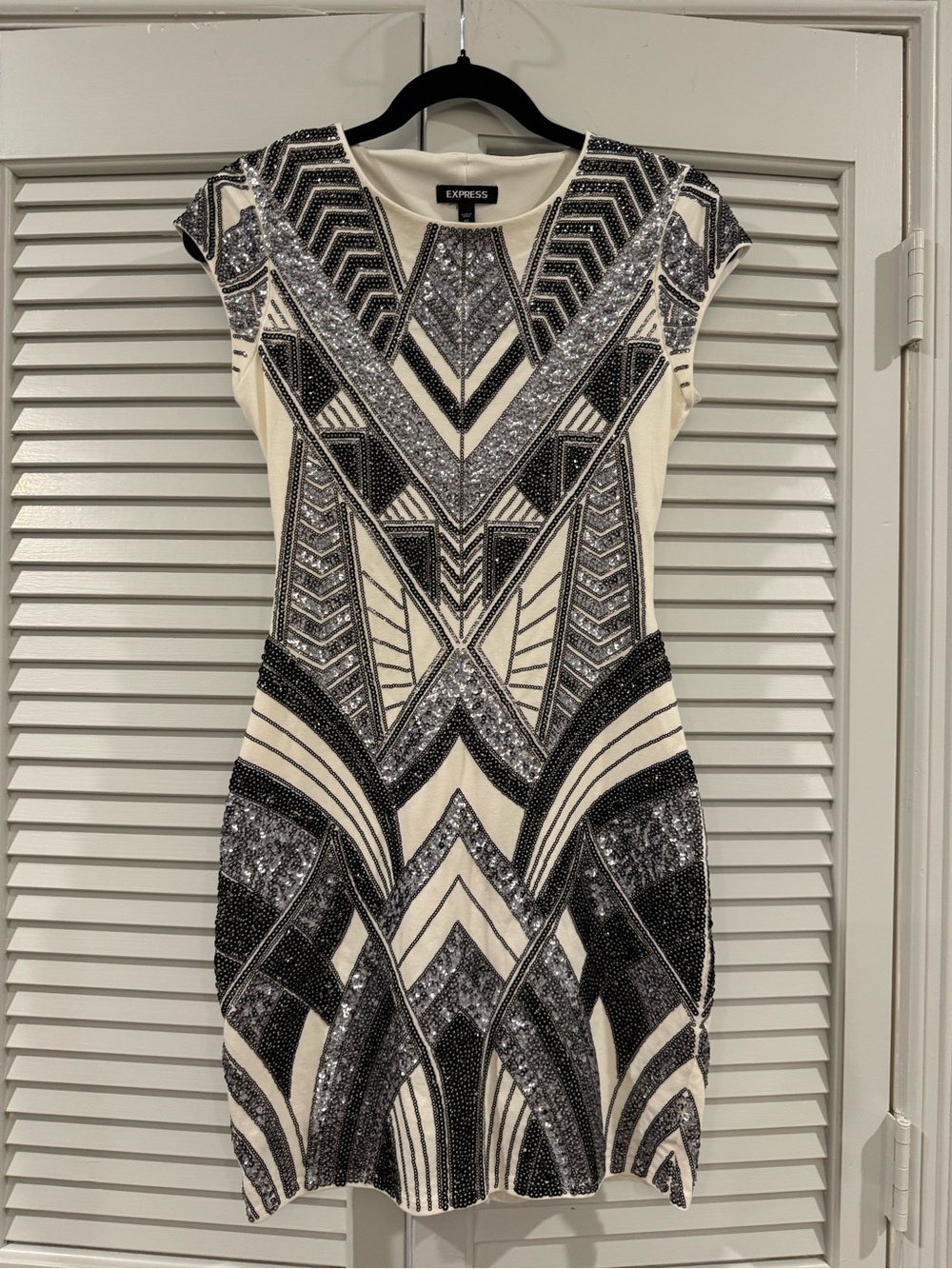 Express Ivory and Black Sequin Geometric Mini Dress